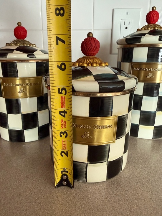 Mackenzie-Childs Courtly Check Canister Set (3) Black & White Tea Tins/Storage - Picture 4 of 5